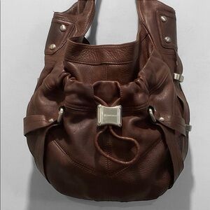 B Makowsky Leather Hobo Bag Pebbled Brown Silver Hardware Large